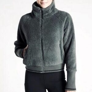 Athleta Tugga Sherpa Jacket Teddy Fleece Bomber Coat Dark Green Outdoor Women M
